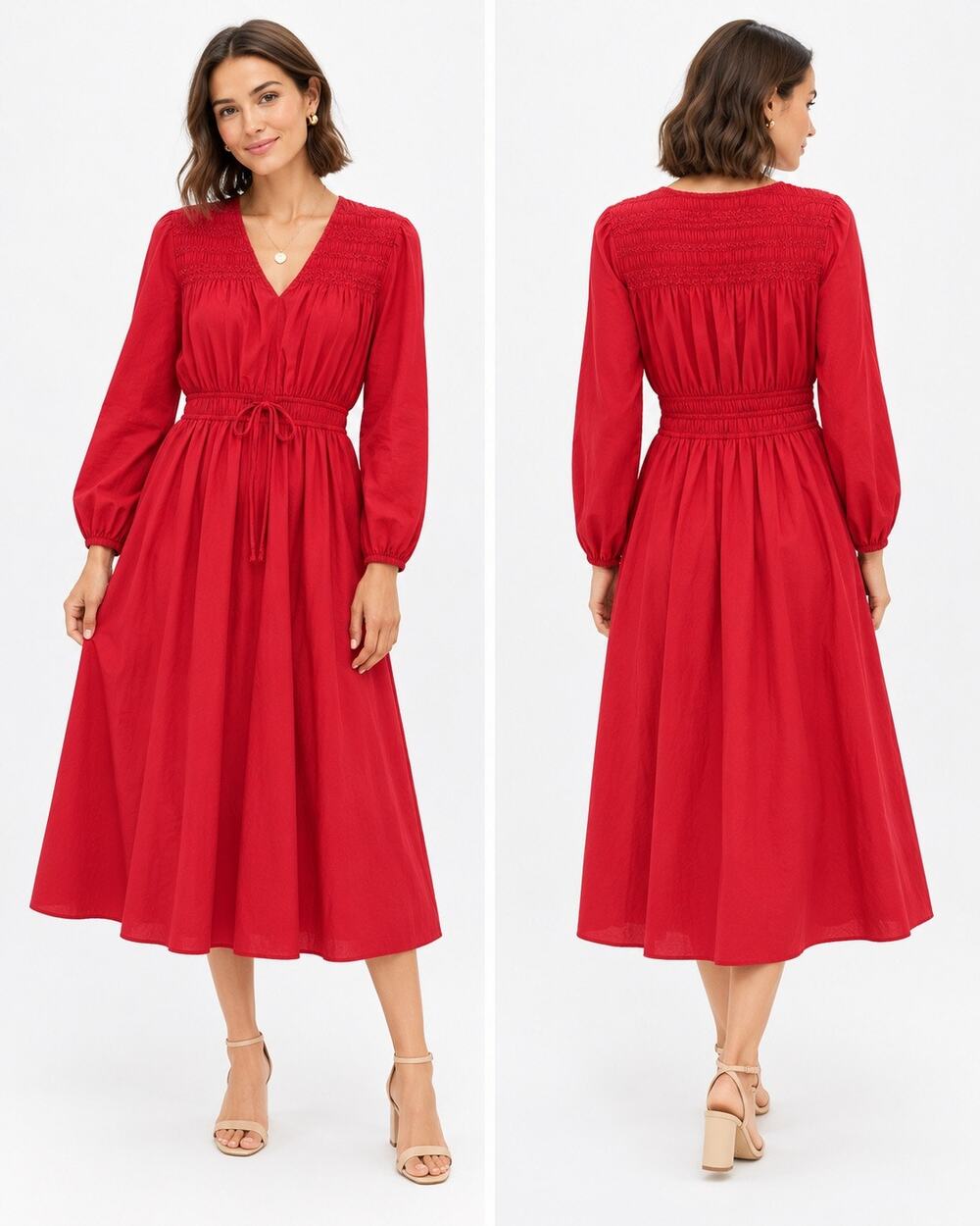 LÉA NWT Red Cotton Milkmaid Midi Dress Smocked Waist Long Sleeve Romantic Boho